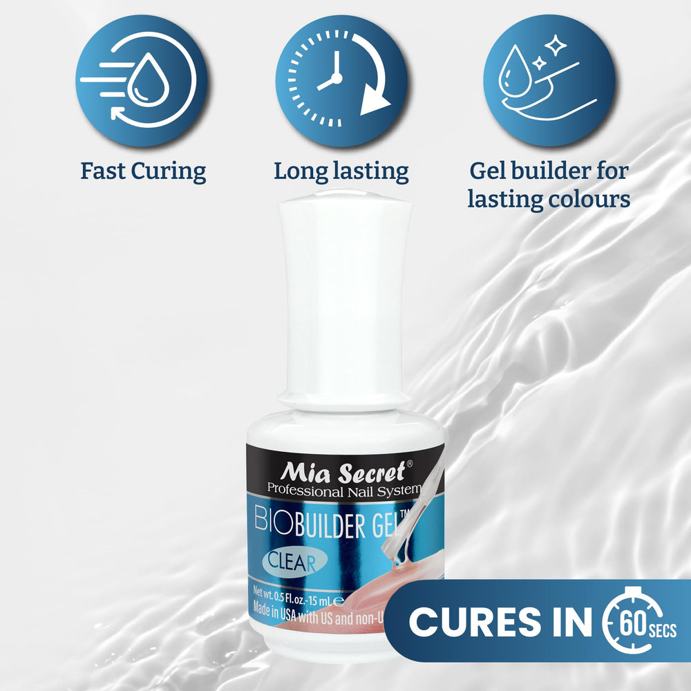 Mia Secret gel shades include clear, perfect pink, and white swatches.