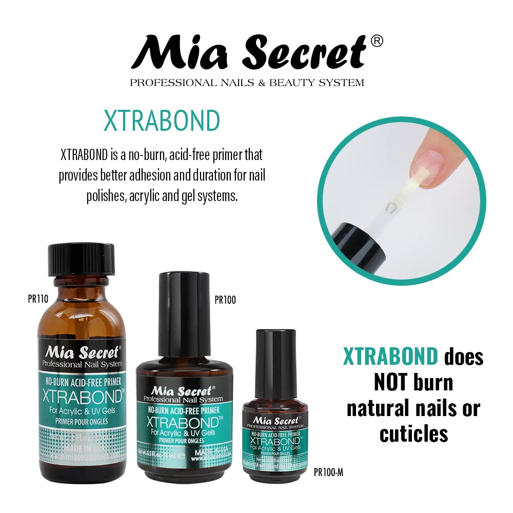 Mia Secret Xtra-Bond primer application showing no-burn adhesion for gel and acrylic