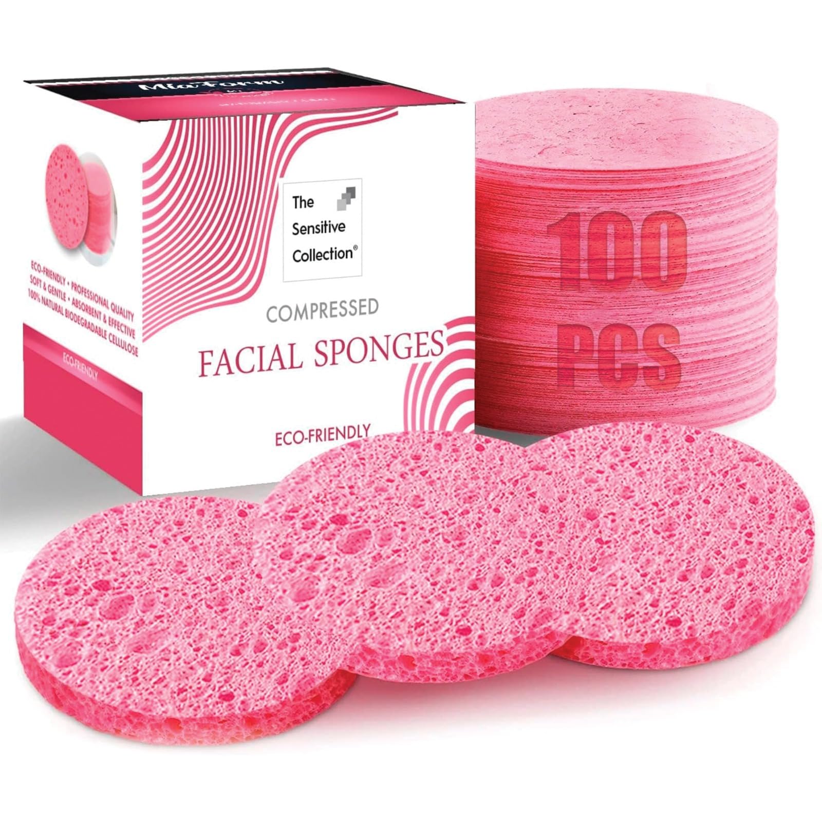 miaform compressed facial sponges pink round packaging; compact travel-ready cleansing option