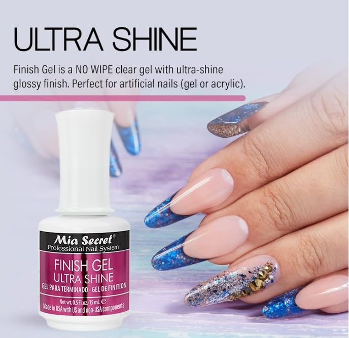 Mia Secret UV Finish Gel Top Coat no-wipe—leaves no sticky residue after cure.