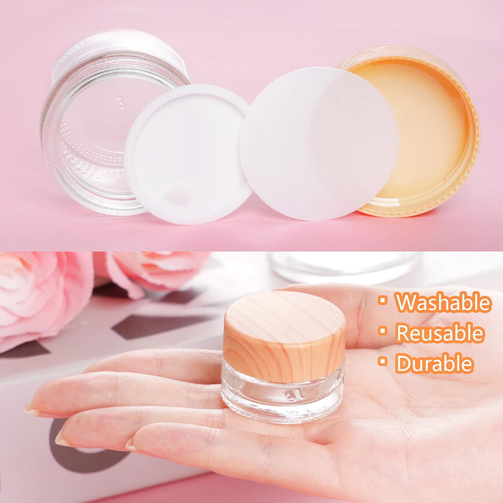 Miayon clear glass containers for creams and lotions.