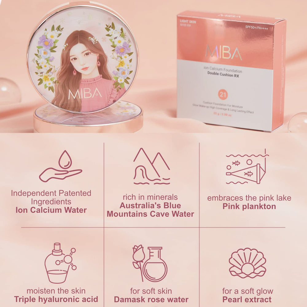 MIBA Ion Calcium Foundation Double Cushion Season 2 mirror-inside compact enables on-the-go touch-ups.