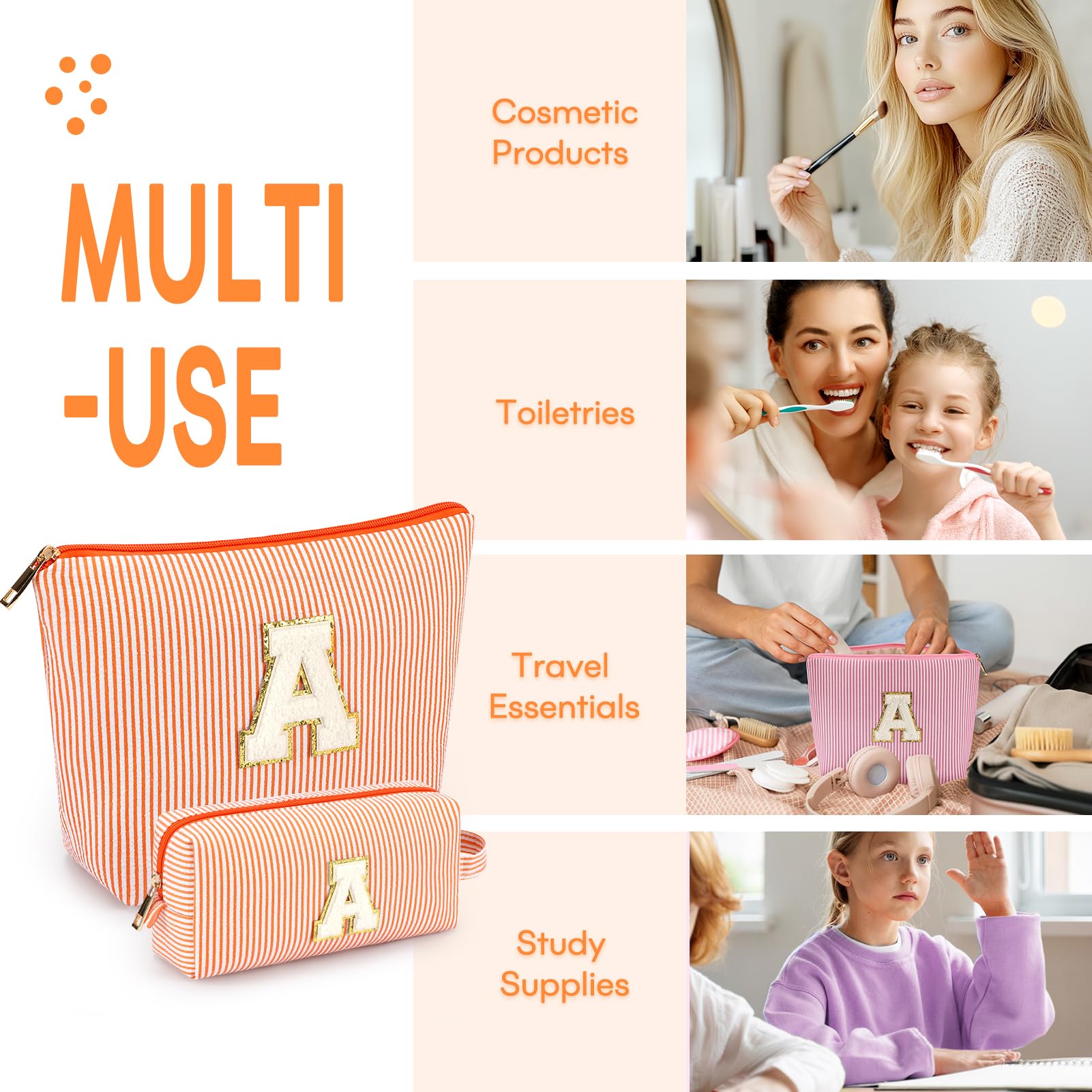 Mibasies initial makeup bags orange A color options showcase vibrant personalization.