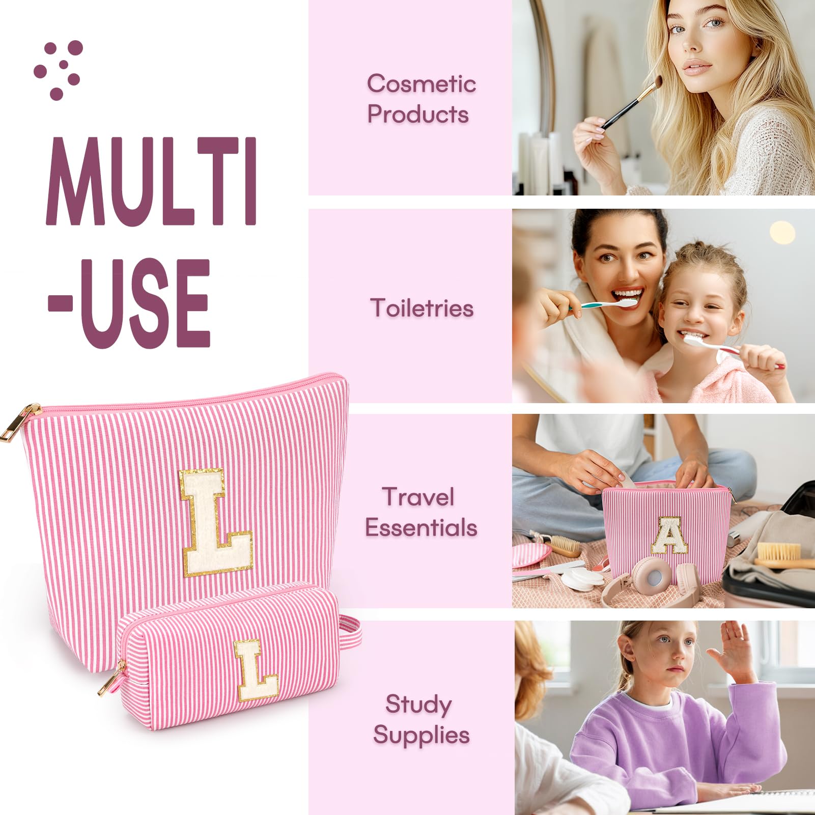 Mibasies initial makeup bag yellow zipper design keeps items secure during travel.
