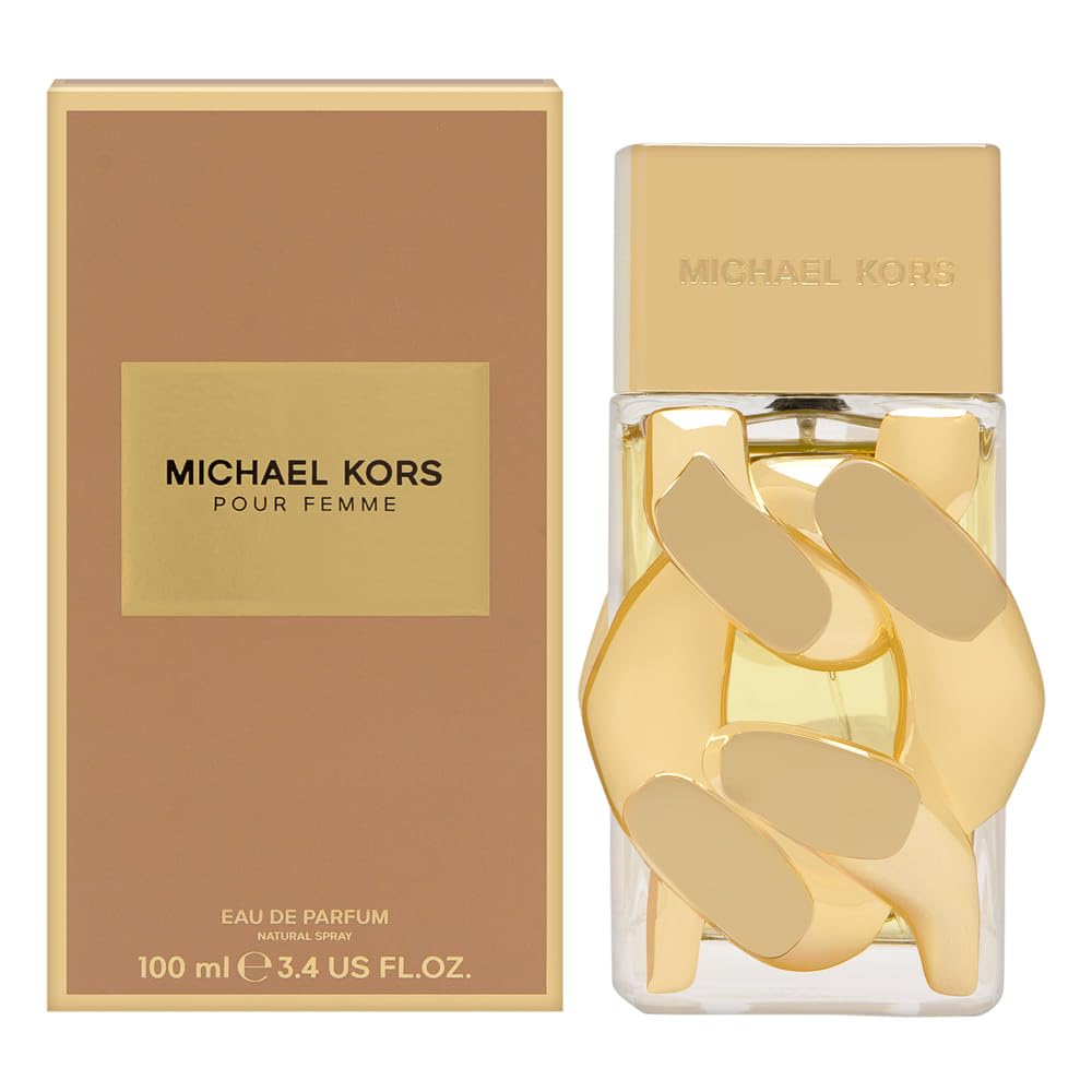 Michael Kors Pour Femme bottle closeup showcases floral woody musk profile for refined everyday elegance.