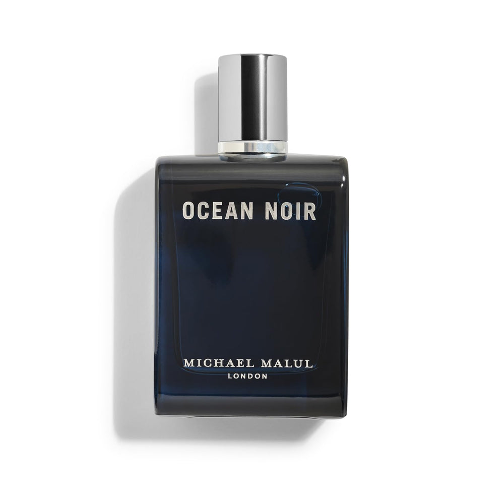 Michael Malul Ocean Noir bottle closeup highlights marine notes for confident daytime wear.