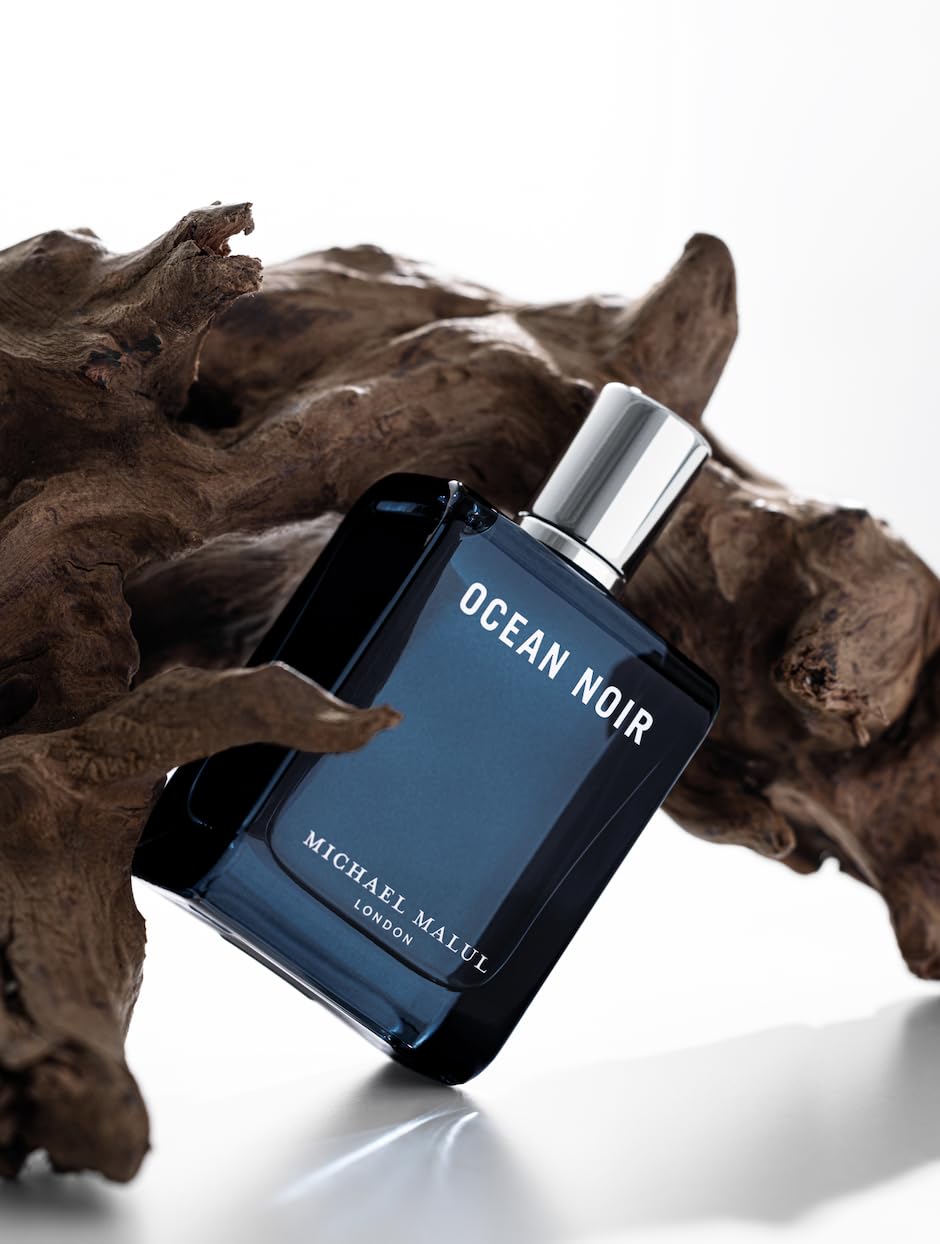 Ocean Noir on dresser tray beside grooming essentials, suggesting a complete fragrance routine.