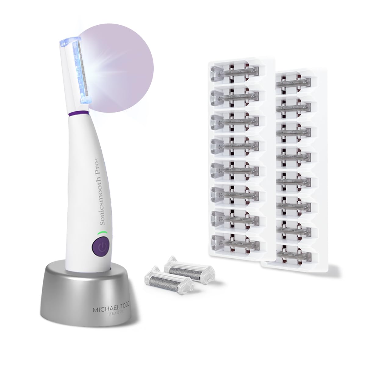 Michael Todd Beauty Sonicsmooth Pro+ with LED light performs precise facial dermaplaning.