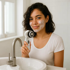 MICHAEL TODD Soniclear face brush head in use for spa-like cleansing