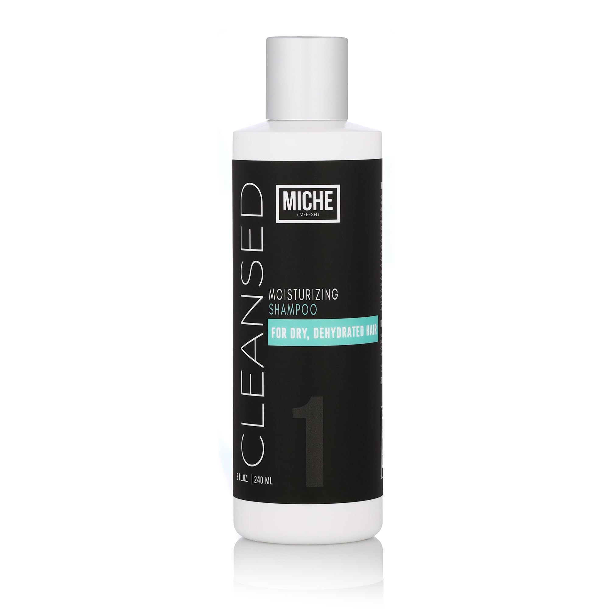 Miche Beauty Cleansed Shampoo bottle front highlights sulfate-free hydration for all hair types.