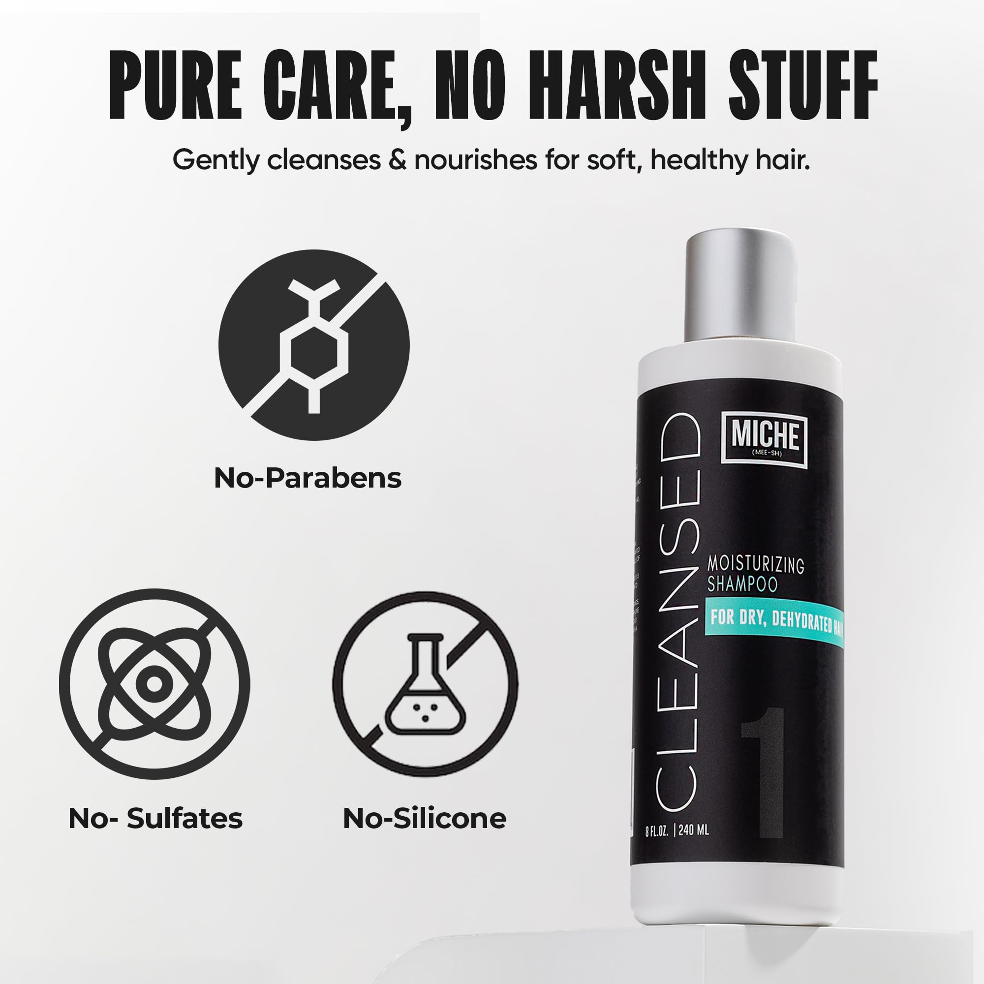Miche Beauty Cleansed Shampoo curls definition closeup illustrating smoother, bouncier waves.