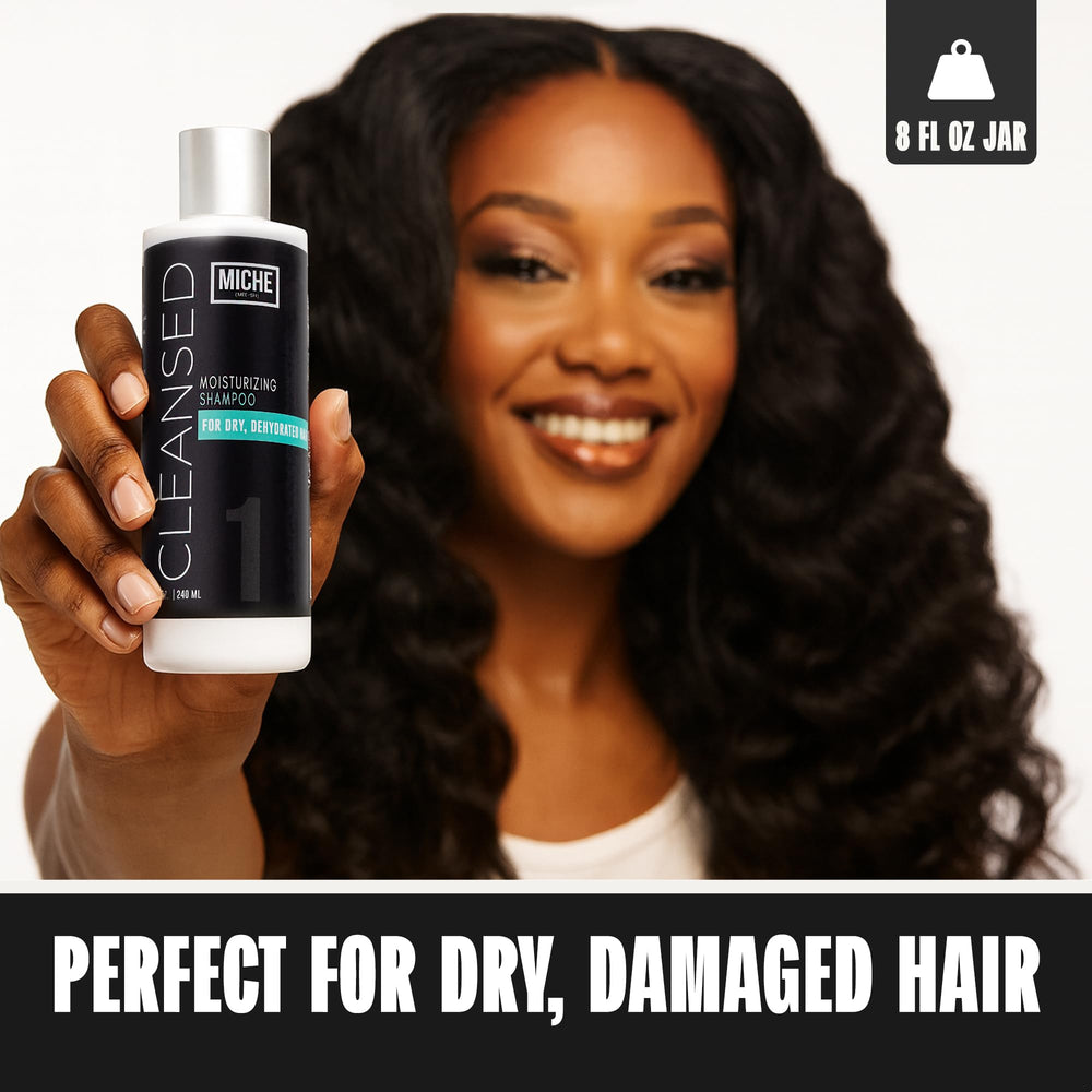 Miche Beauty Cleansed Shampoo frizz-control closeup demonstrating smooth, frizz-free strands.