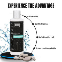 Miche Beauty Cleansed Shampoo label closeup shows gentle, moisturizing formula for healthier curls.