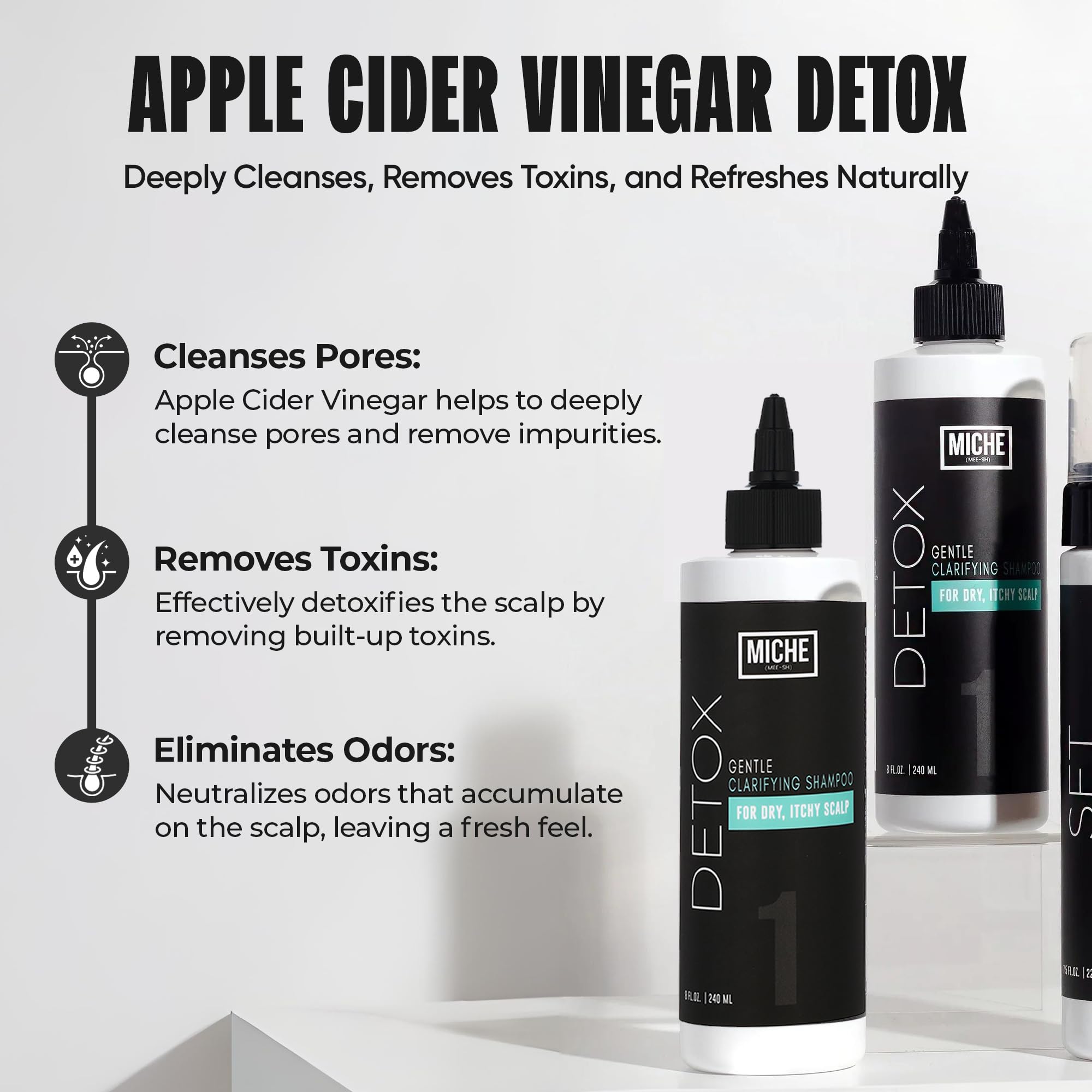 Miche Beauty Detox Shampoo anti-dandruff close-up conveys clean scalp feel.