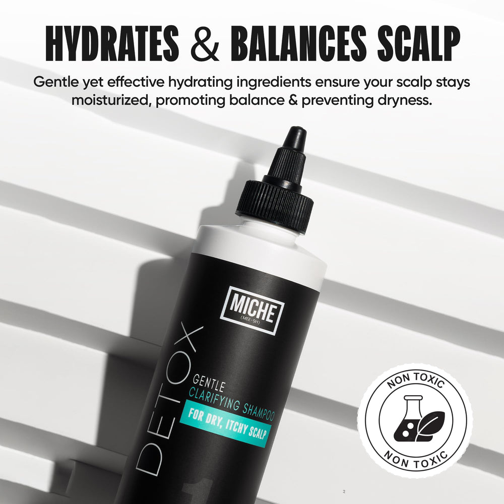 Miche Beauty Detox Shampoo apple cider vinegar label close-up emphasizes detoxing cleanse.
