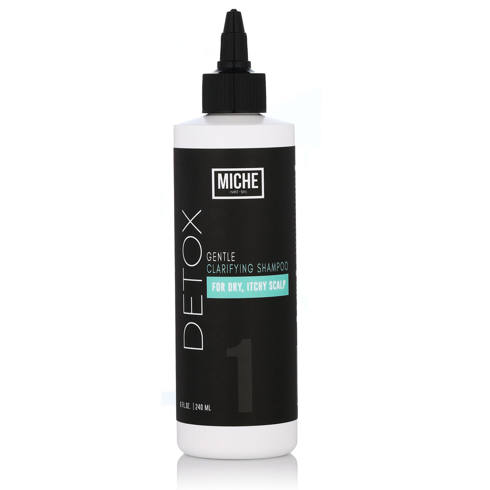 Miche Beauty Detox Shampoo bottle top view suggests premium cleansing for a refreshed scalp.
