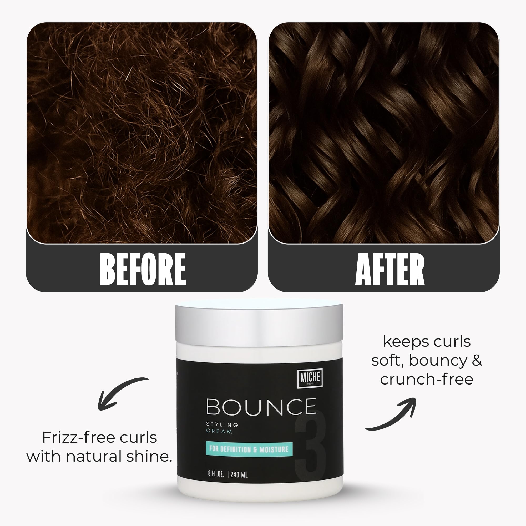 Miche Beauty Miche Bounce cream frizz control closeup showcases controlled definition and shine.
