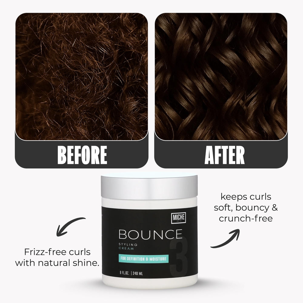 Miche Beauty Miche Bounce cream frizz control closeup showcases controlled definition and shine.