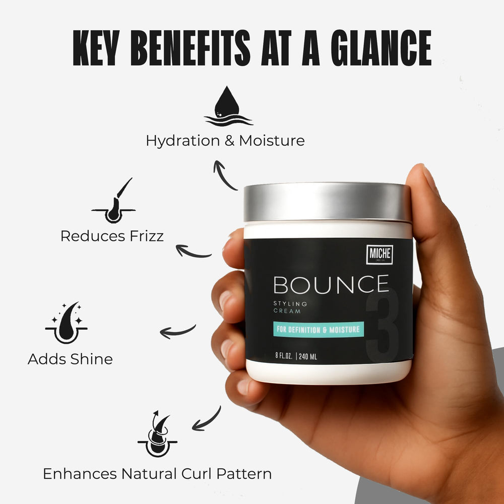 Miche Beauty Miche Bounce cream hair definition focuses on curls with lasting softness.