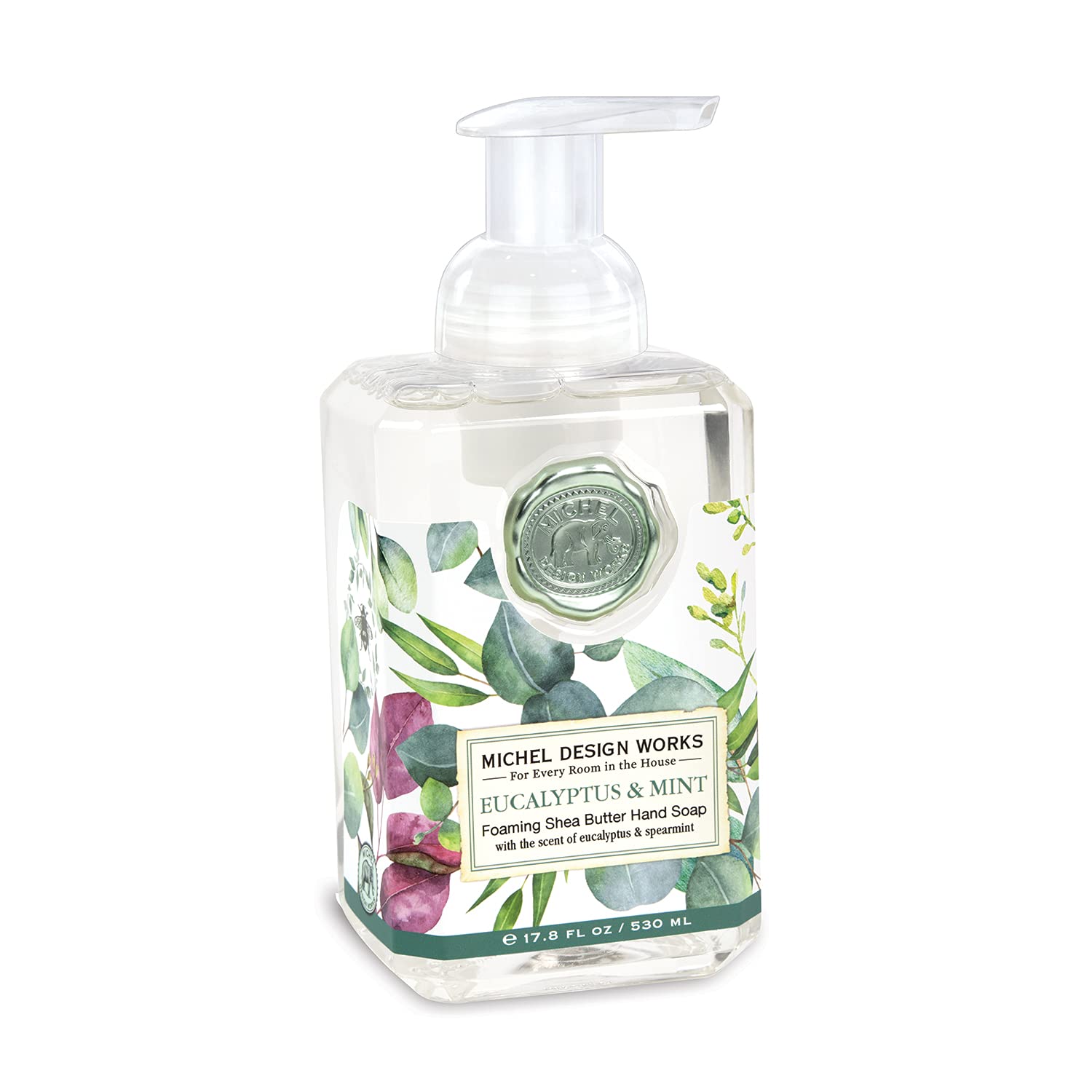 Michel Design Works foaming hand soap pump delivers refreshing cleansing with eucalyptus and mint aroma.