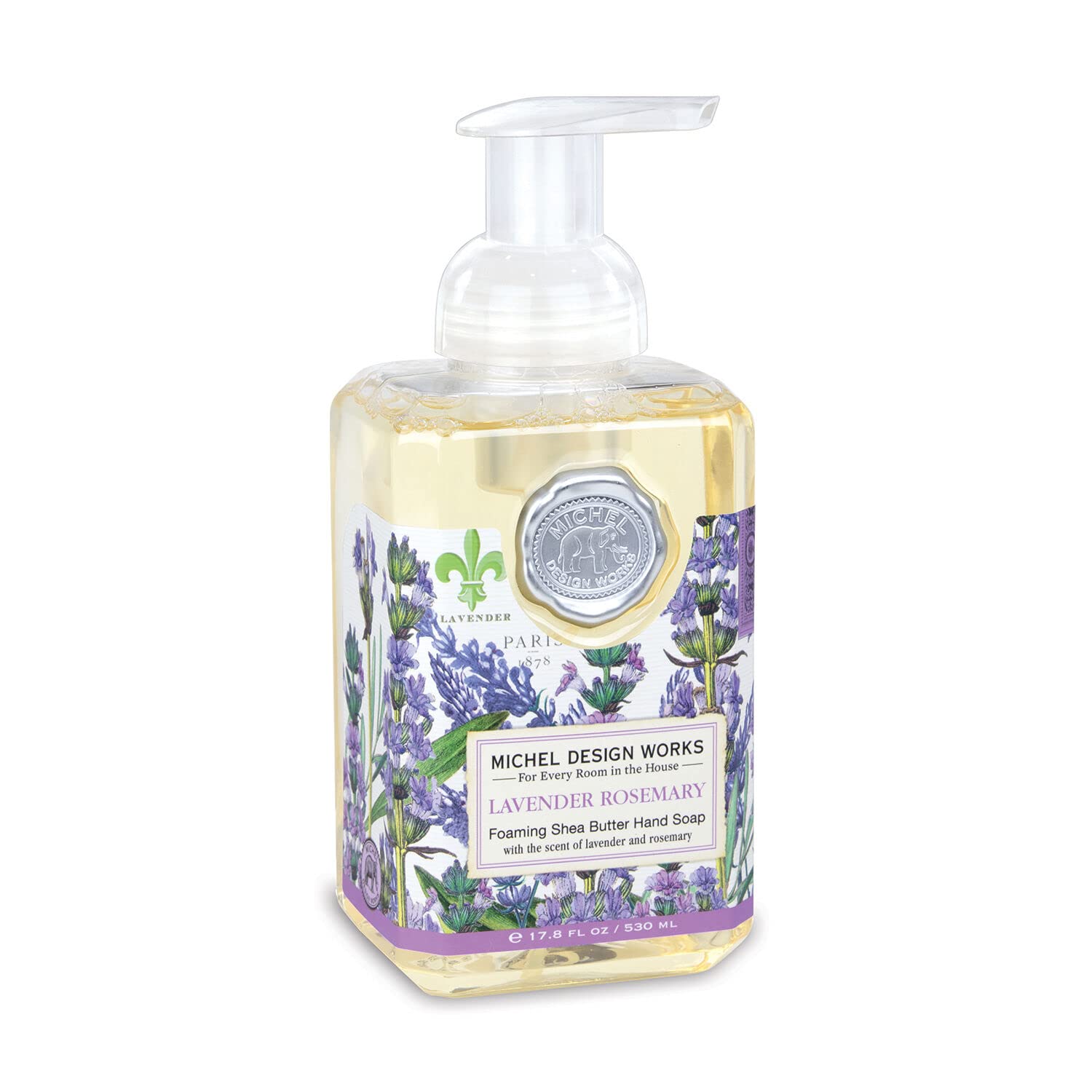 Michel Design Works foaming hand soap lavender-rosemary pump highlights soothing fragrance for gentle everyday hand care.