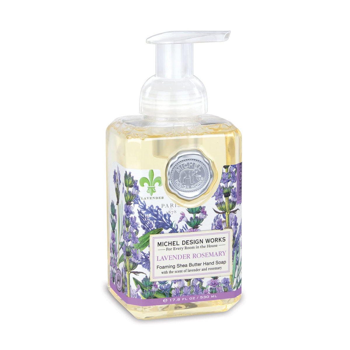Michel Design Works foaming hand soap lavender-rosemary pump highlights soothing fragrance for gentle everyday hand care.