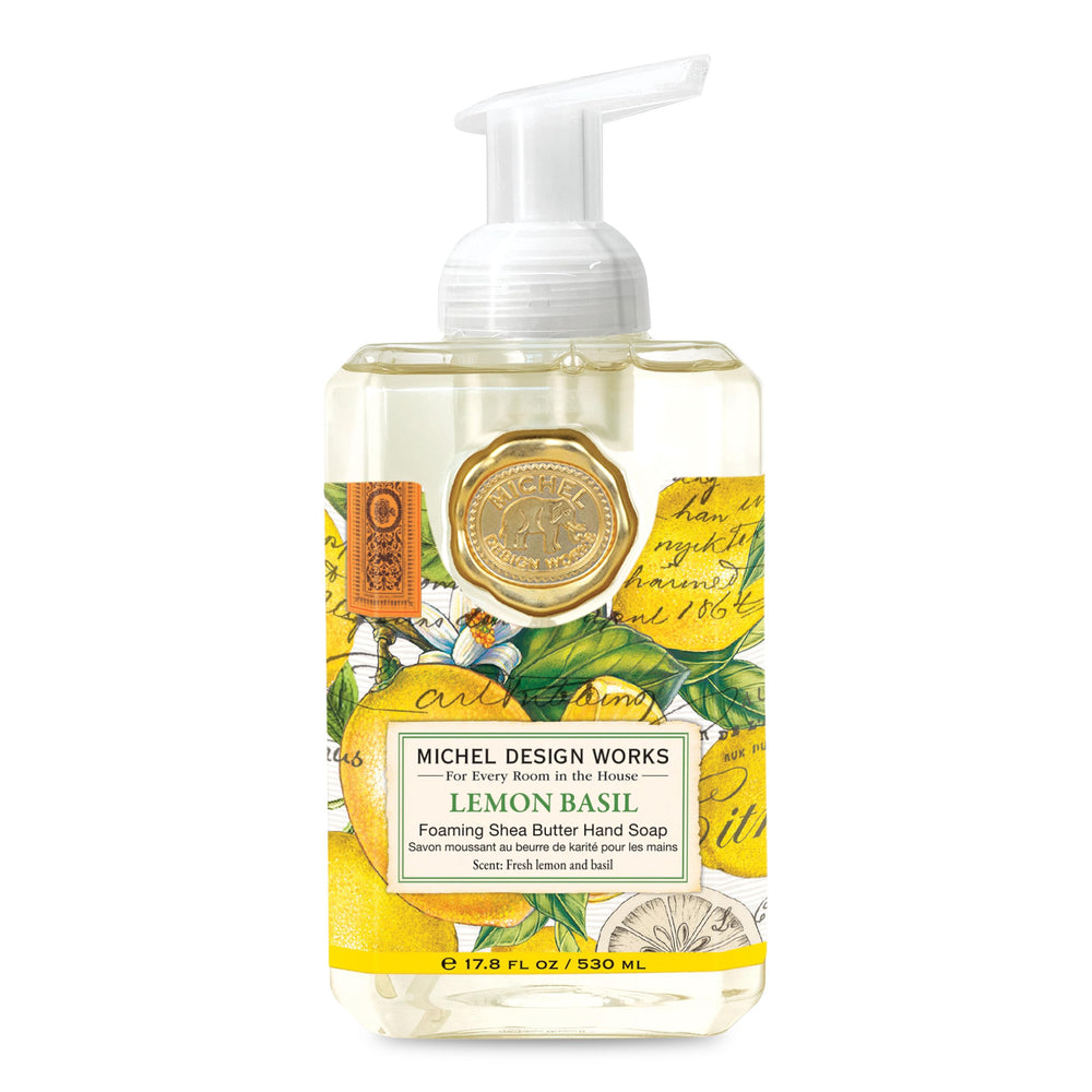 Michel Design Works foaming hand soap Lemon Basil pump for gentle cleansing and skin softness.