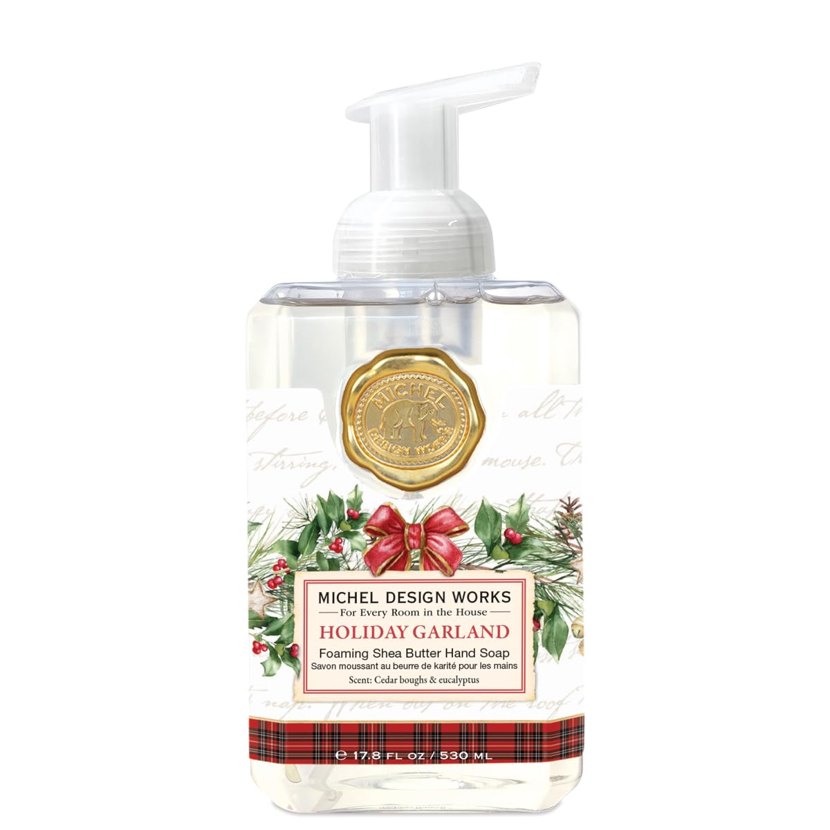 Michel Design Works foaming hand soap pump with holiday garland label for a refined sink experience.
