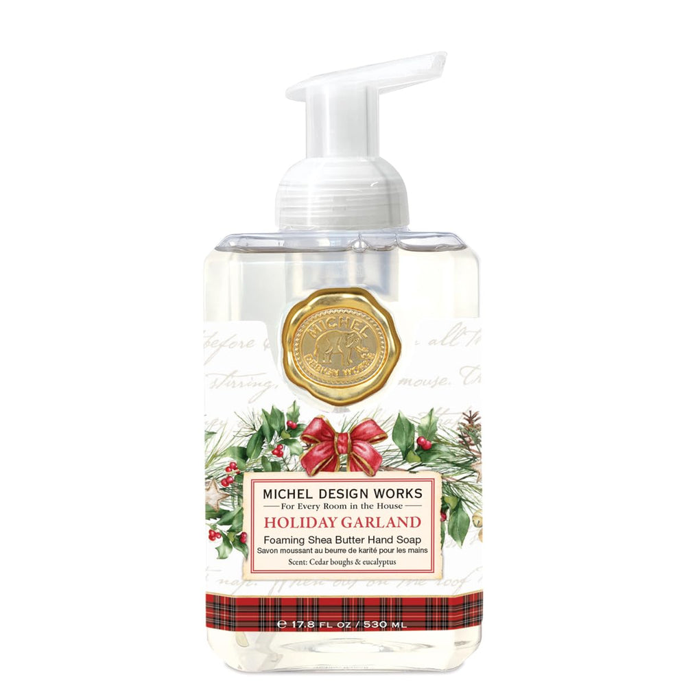 Michel Design Works foaming hand soap pump with holiday garland label for a refined sink experience.
