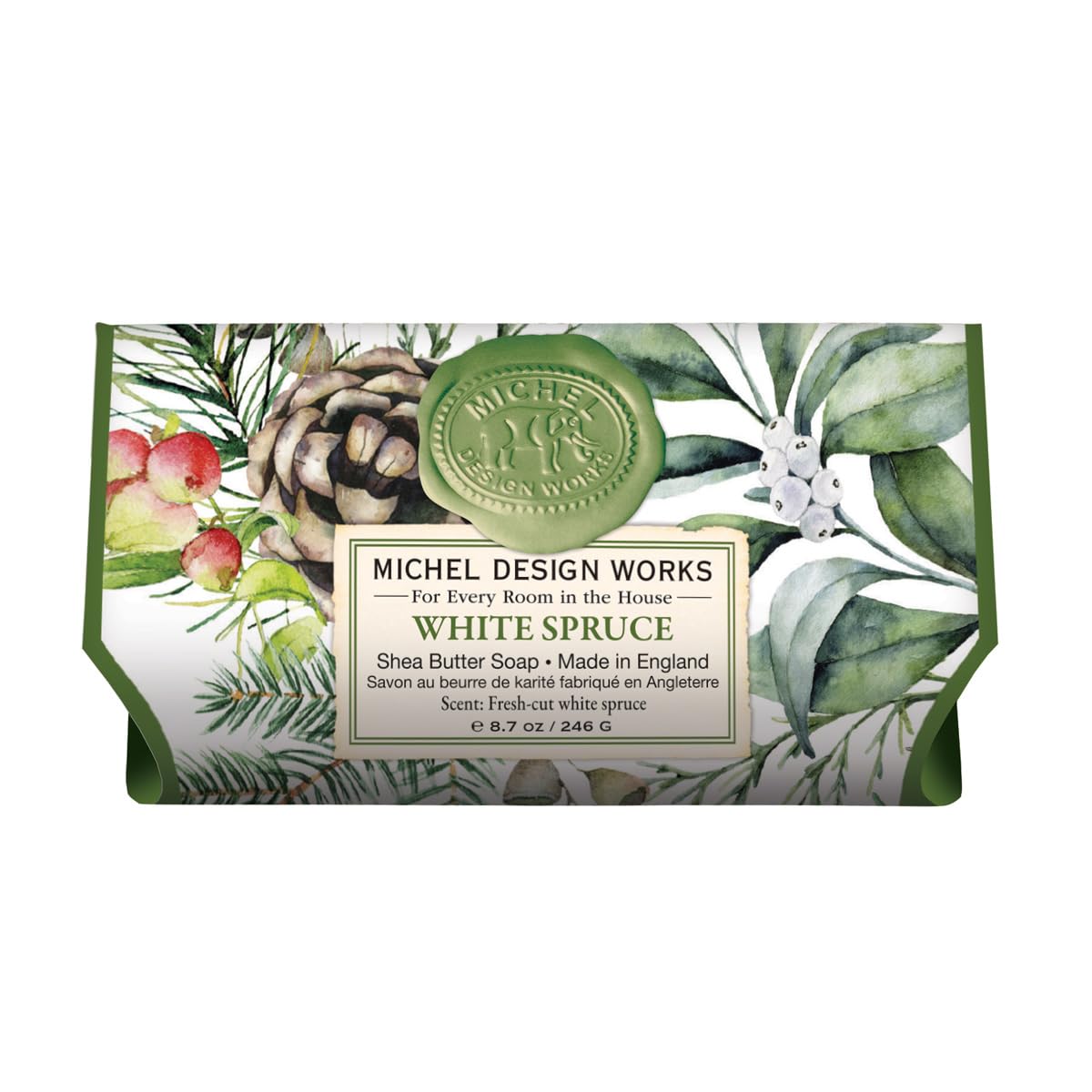 Michel Design Works large bath soap bar White Spruce wrapped for gifting and long-lasting cleanse.