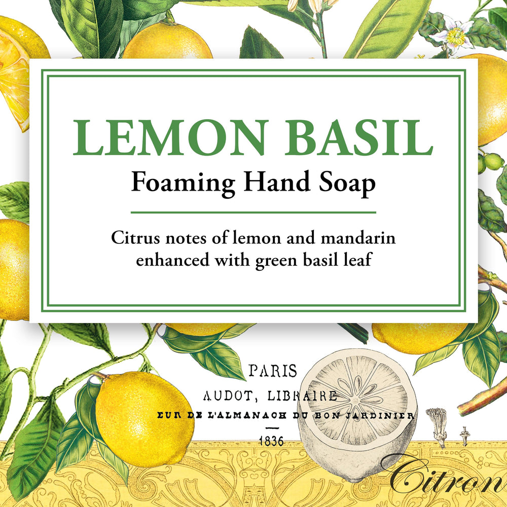 Michel Design Works Lemon Basil aroma with citrus notes for refreshing handwashing.