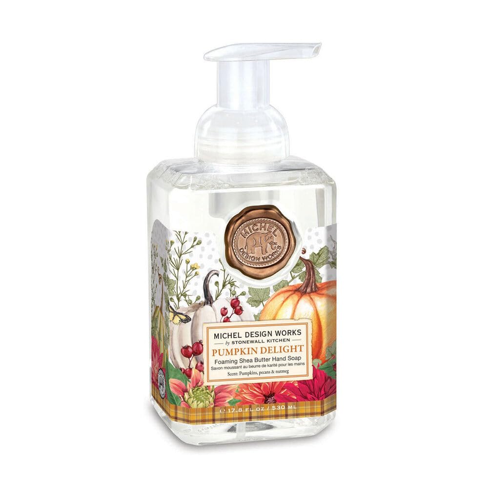 Michel Design Works pump dispenser medallion on square bottle enhances decor and gifting.