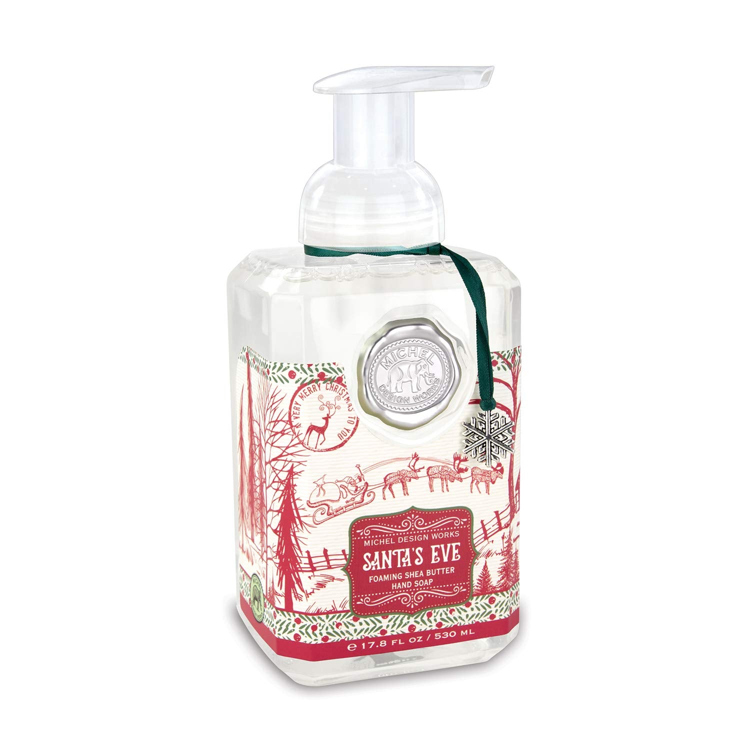 Michel Design Works Santa's Eve foaming hand soap pump dispenser delivers luxurious cleansing and holiday scent.