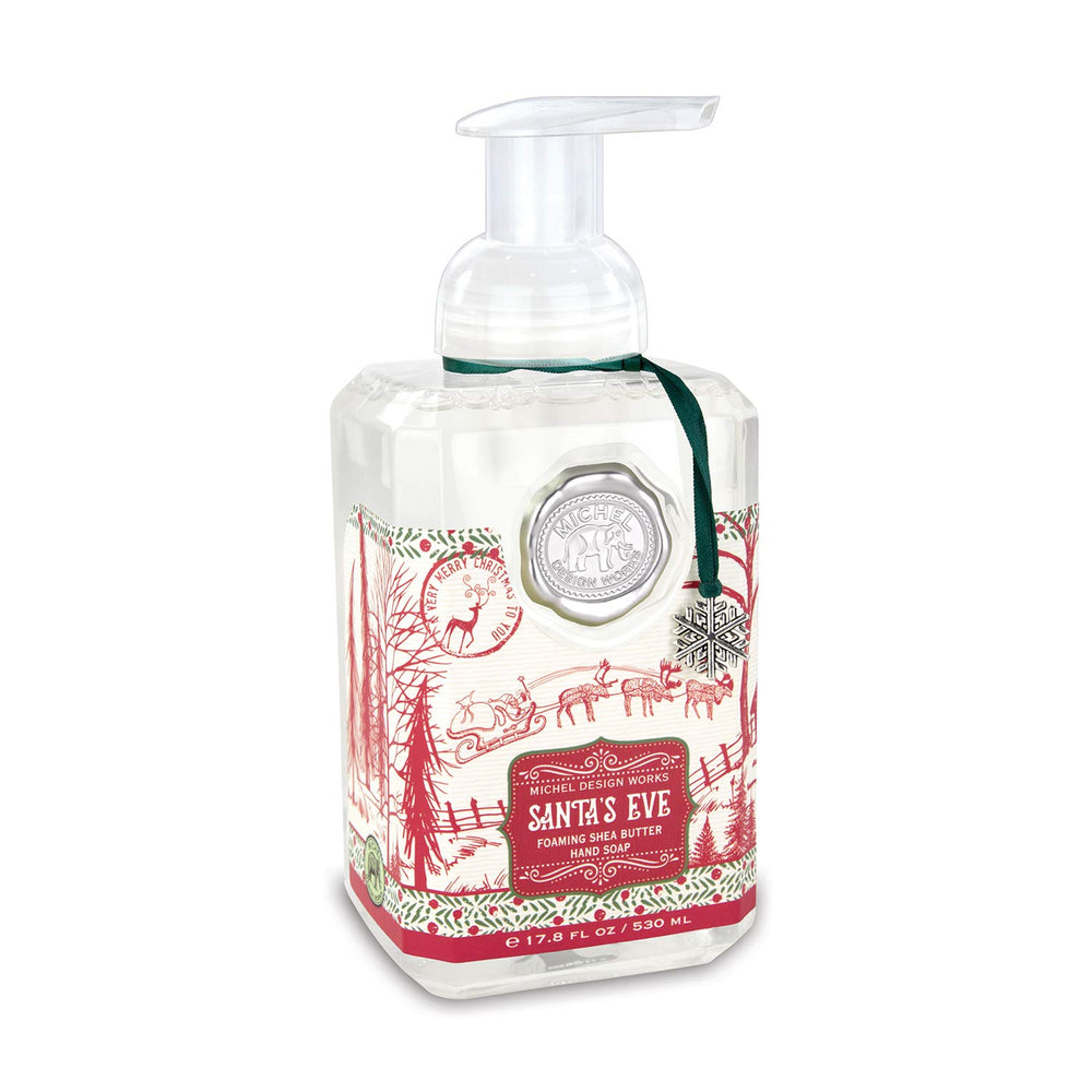 Michel Design Works Santa's Eve foaming hand soap pump dispenser delivers luxurious cleansing and holiday scent.