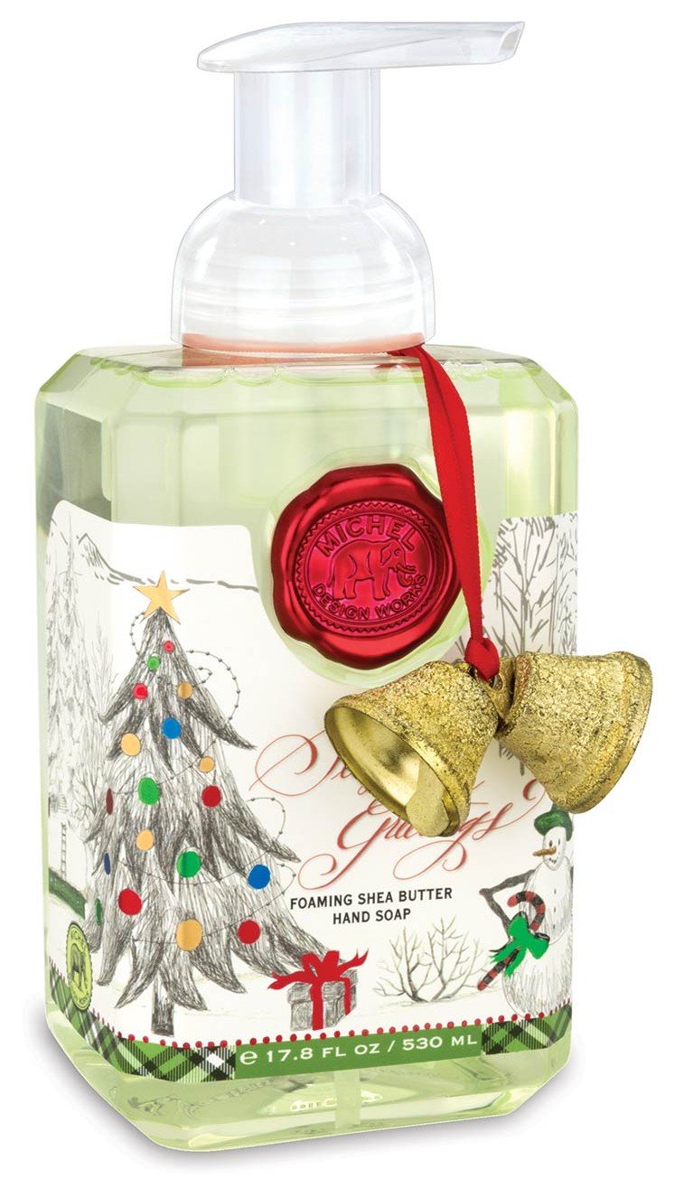 Michel Design Works Seasonal Greetings foaming hand soap bottle with pump for easy, gentle cleansing.