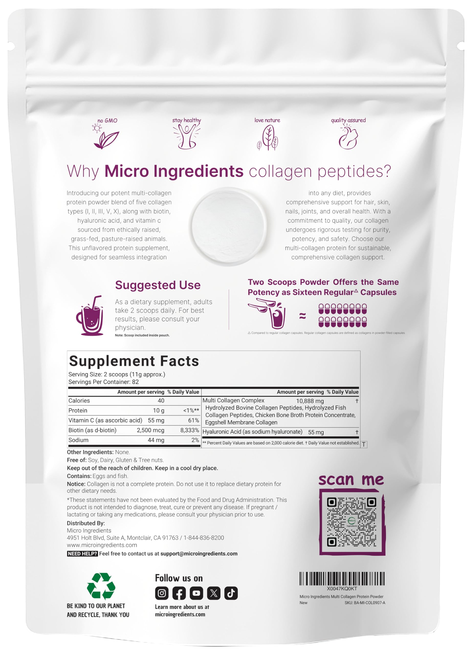 Micro Ingredients supplement facts and ingredients label showing multi-source collagen transparency benefit