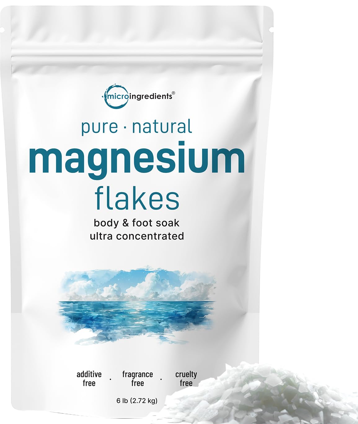 Micro Ingredients magnesium flakes bag closeup for soothing bath soaks