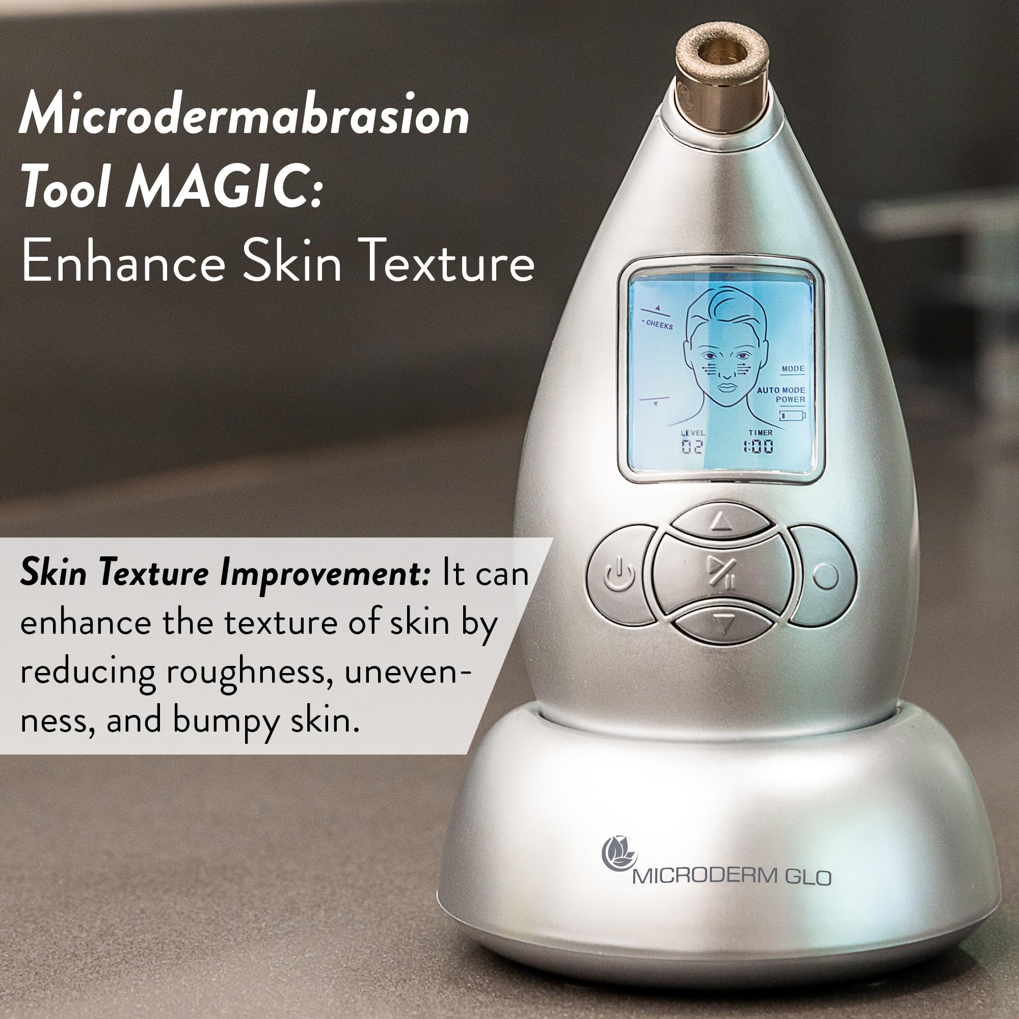 Microderm GLO handheld device ready for facial exfoliation and suction