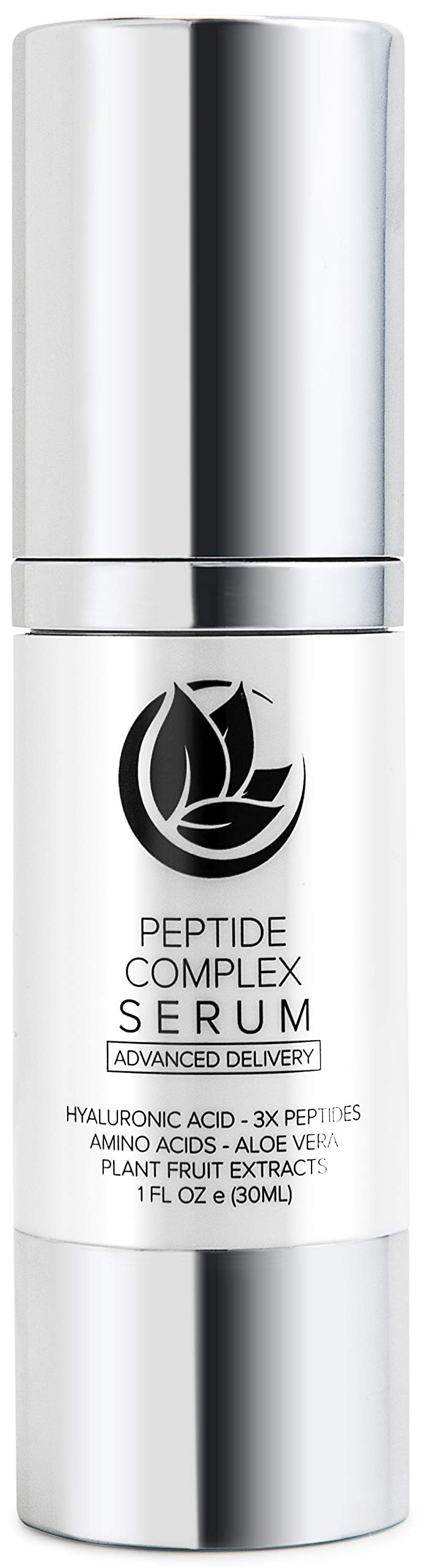 Microderm GLO Peptide Complex Serum bottle front highlighting hydration and skin tightening.