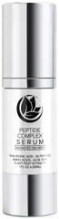 Microderm GLO Peptide Complex Serum bottle front highlighting hydration and skin tightening.