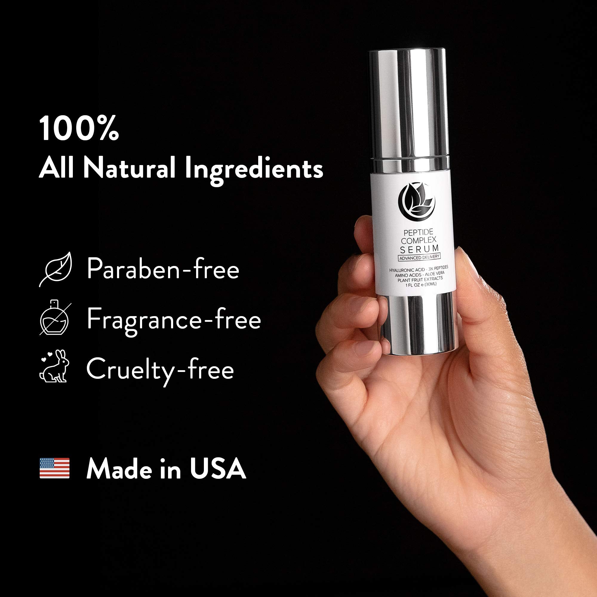 Microderm GLO Peptide Complex Serum USA-made seal confirms purity and quality.