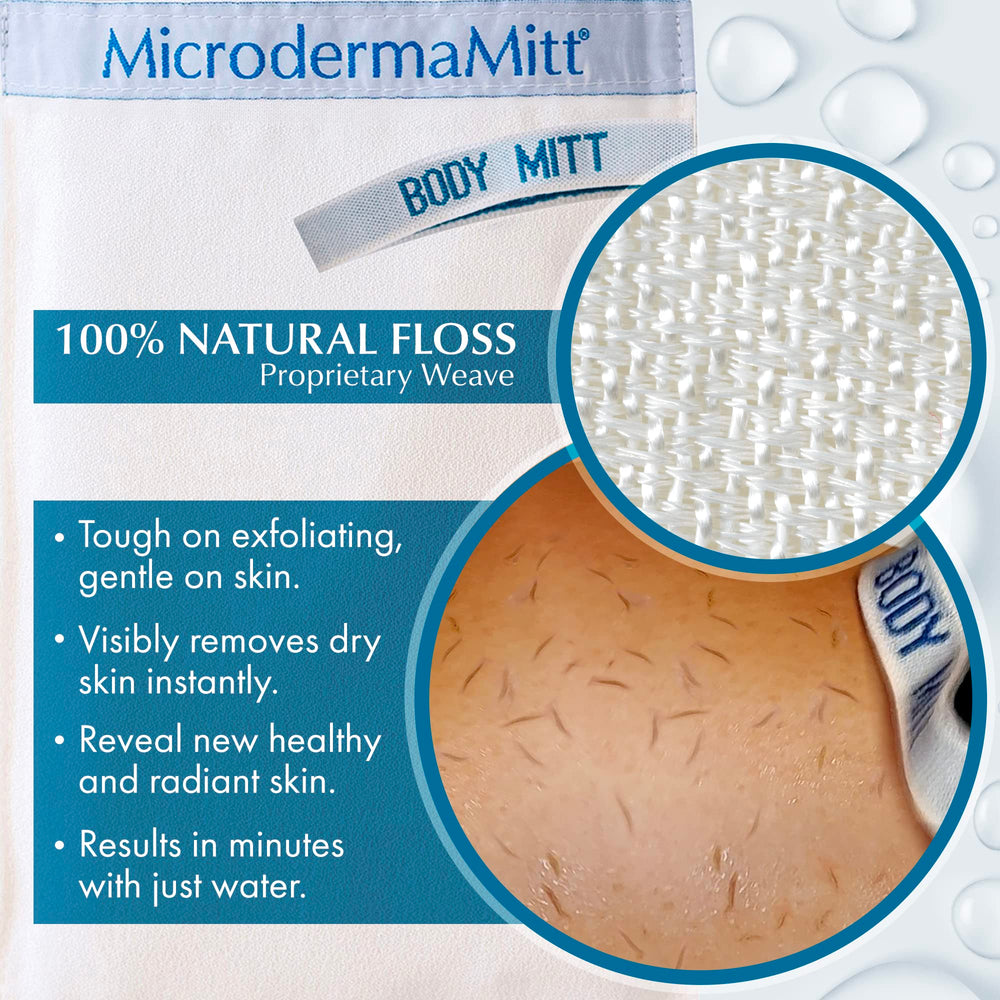 MicrodermaMitt kessa glove texture close-up shows weave enabling thorough exfoliation.