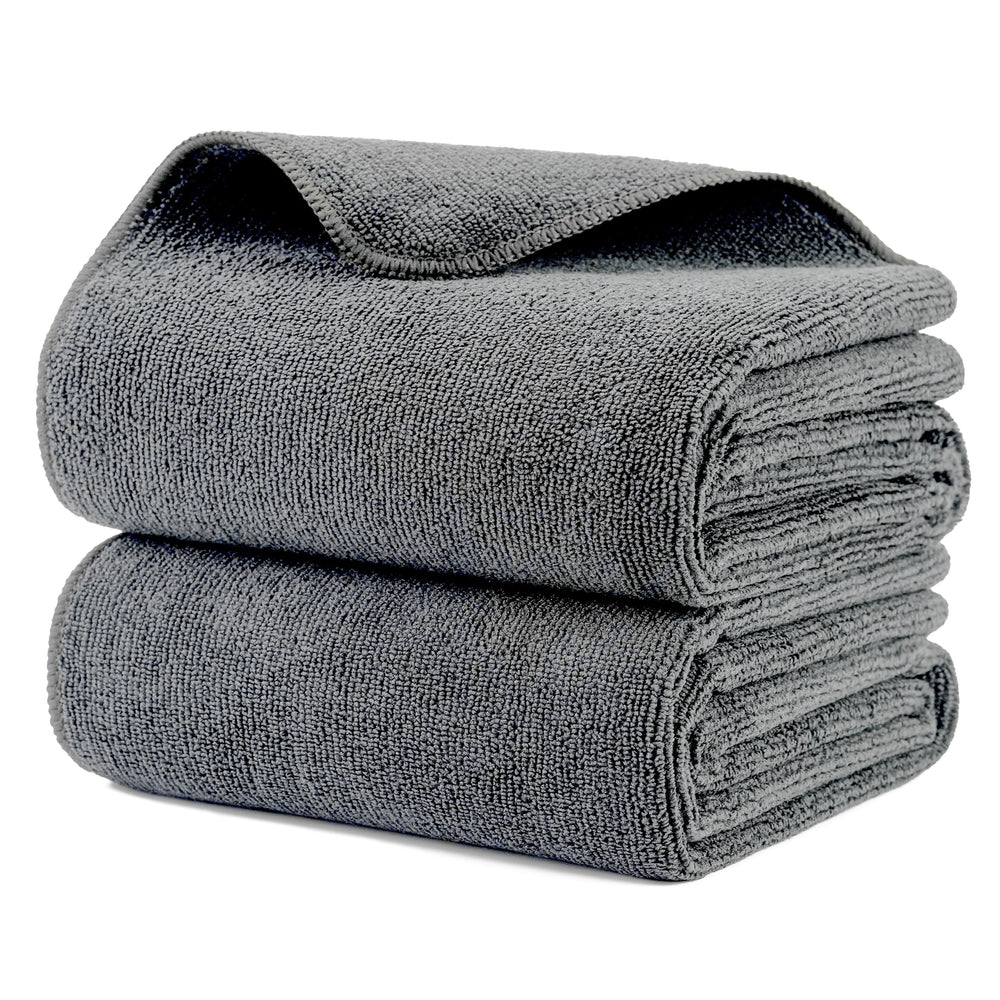 Microfi microfiber hair-drying towels gray pack, front view, for salon-quality drying.
