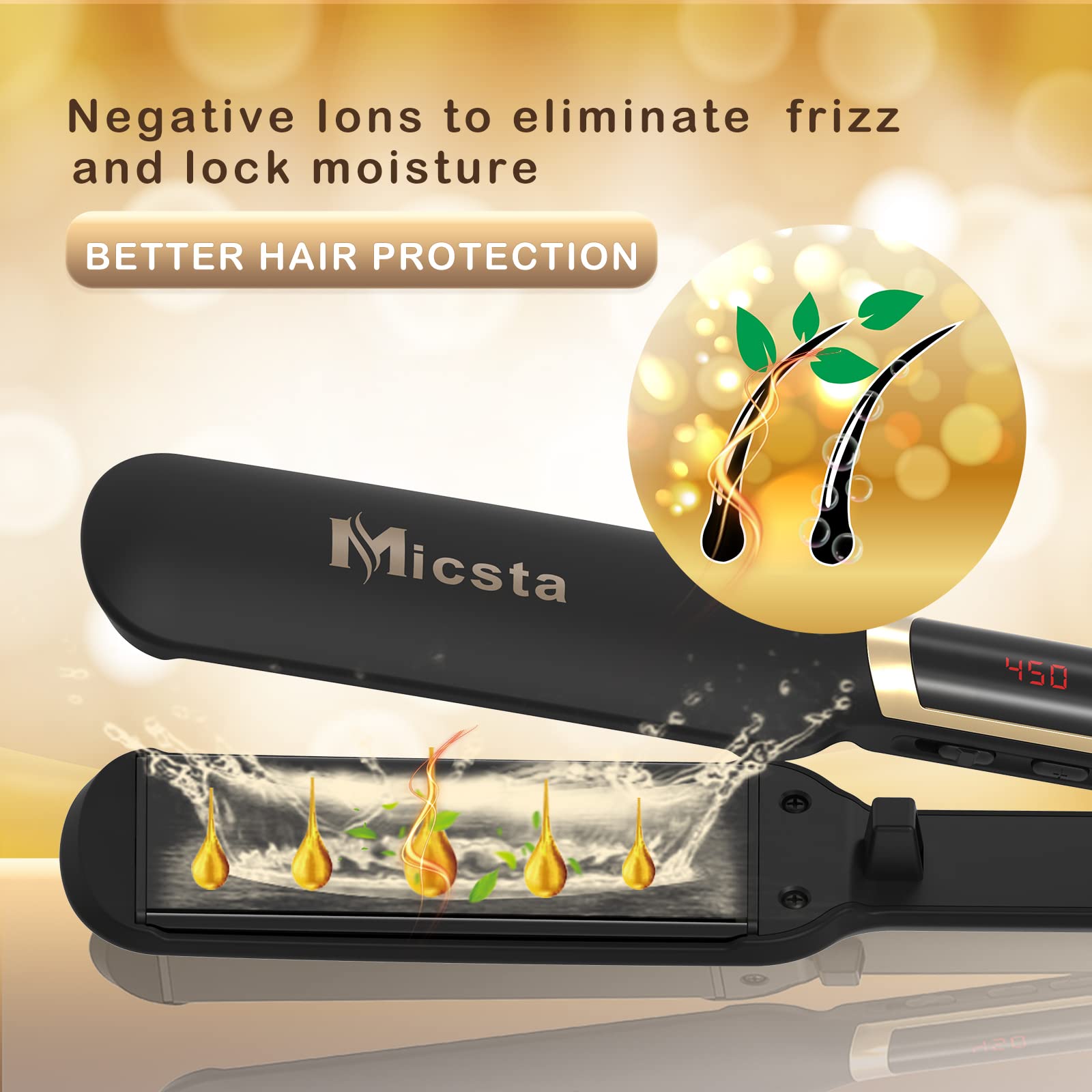 MICSTA flat iron with PTC heat technology provides steady warmth for safer styling