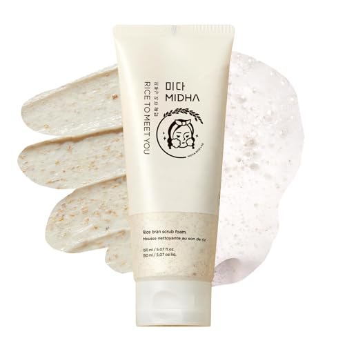 MIDHA Rice Bran Scrub Foam bottle-pump demonstrates easy daily cleansing with hydrating feel