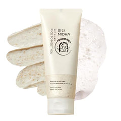 MIDHA Rice Bran Scrub Foam bottle-pump demonstrates easy daily cleansing with hydrating feel