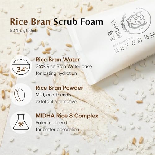 MIDHA Rice Bran Scrub Foam exfoliating-particles visible for refined pores and cleaner complexion
