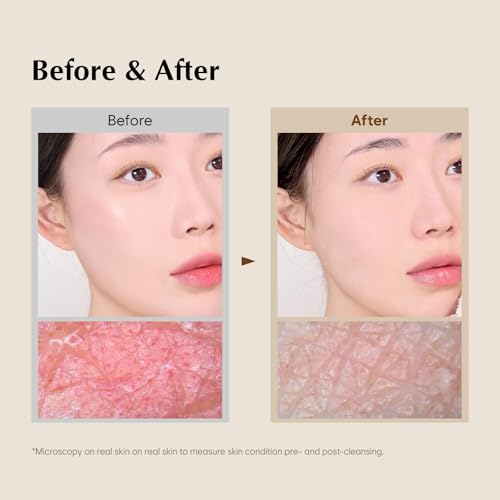 MIDHA Rice Bran Scrub Foam bottle on sink emphasizes pore-cleansing action daily