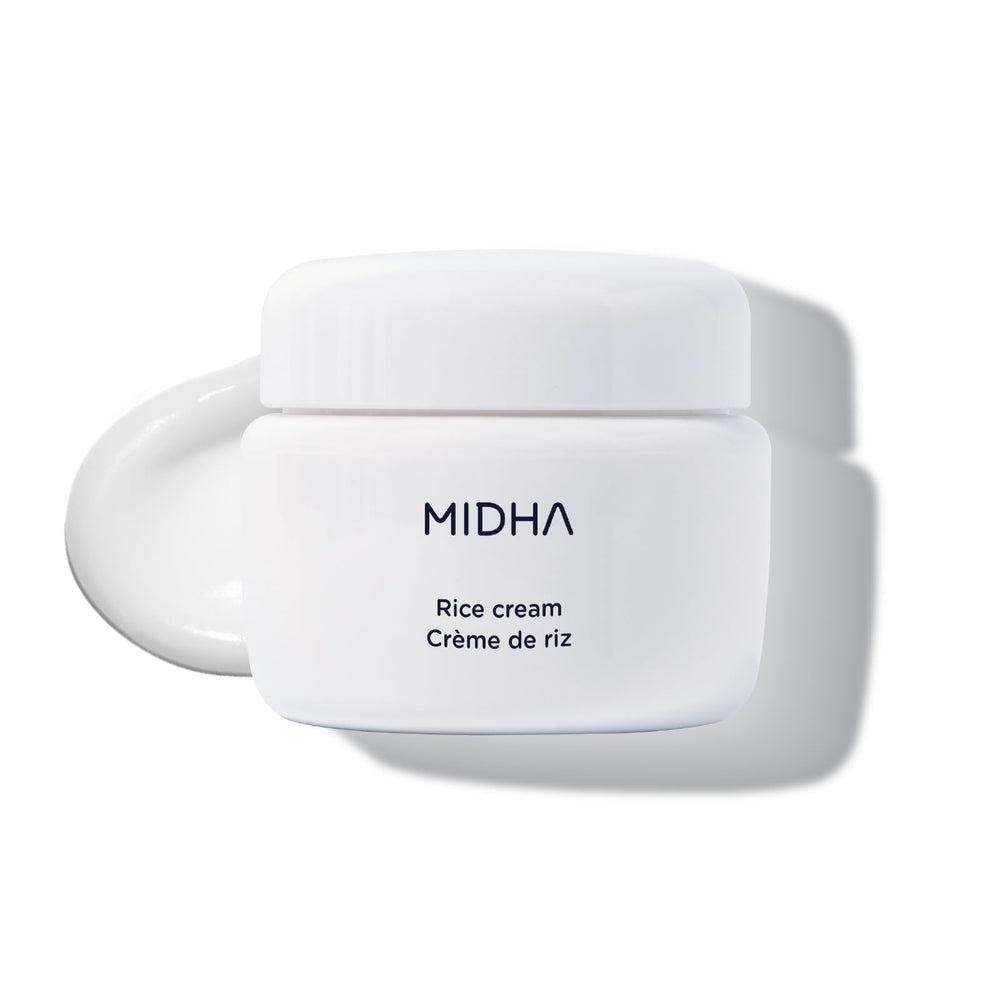 MIDHA Rice Cream bottle close-up showing lightweight hydration for daily use
