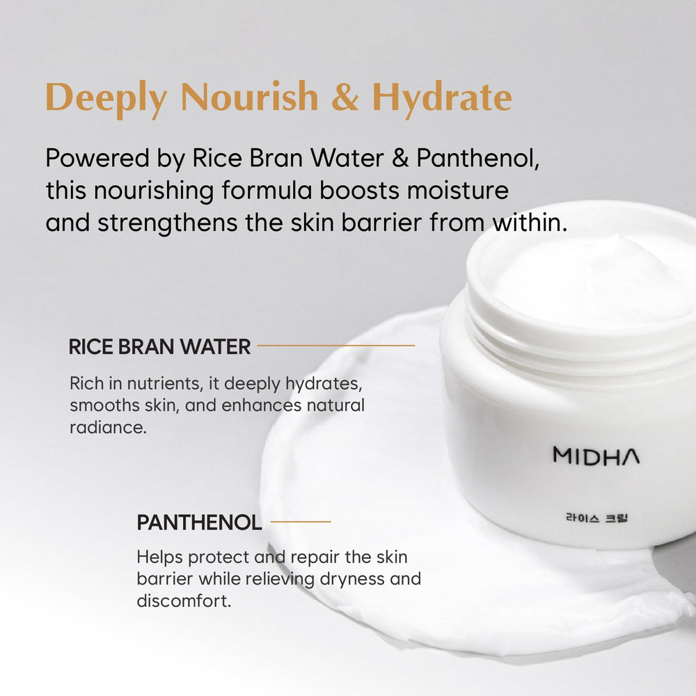 MIDHA Rice Cream close-up illustrating dewy glow on skin